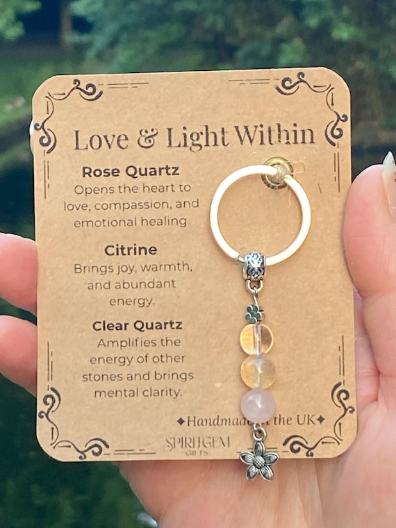 Rose Quartz Keychain, Valentines Day Gift for Her, Crystal Keyring, Citrine & Clear Quartz, Spiritual Gift, Self Love, Galentines Gift