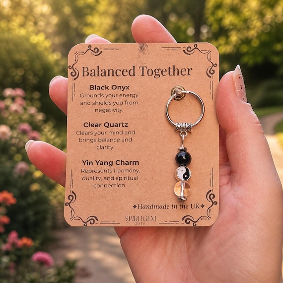 PERSONALISED Balance & Harmony .Crystal Gift. Gemstone Keyring for positive energy . Clarity, Protection, Good Luck, Mindful Gift. Keychain.