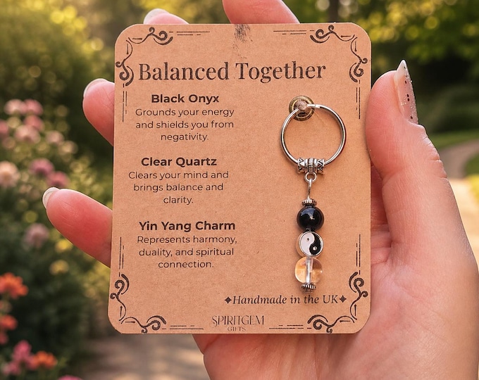 Personalised Balance Yin Yang Keychain, Black Onyx Clear Quartz Charm, Mindful Gift
