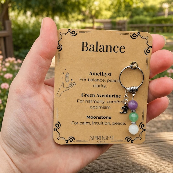 Personalised Balance Crystal Keyring, Work Life Harmony, Moonstone Amethyst Calm, New Mum Gift, Menopause Support
