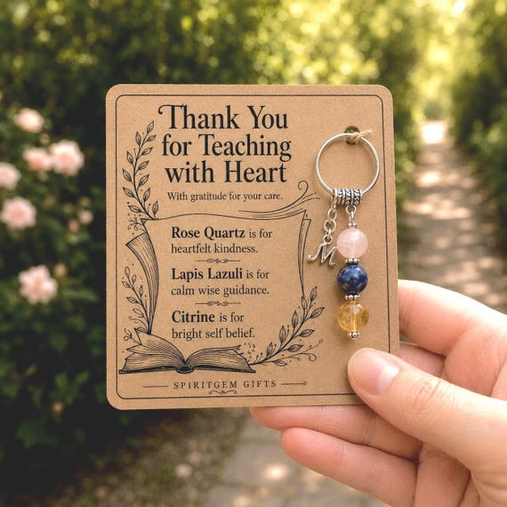 Personalised TEACHER THANK YOU Crystal Keyring, Teacher Gift with Illustrated Keepsake Card