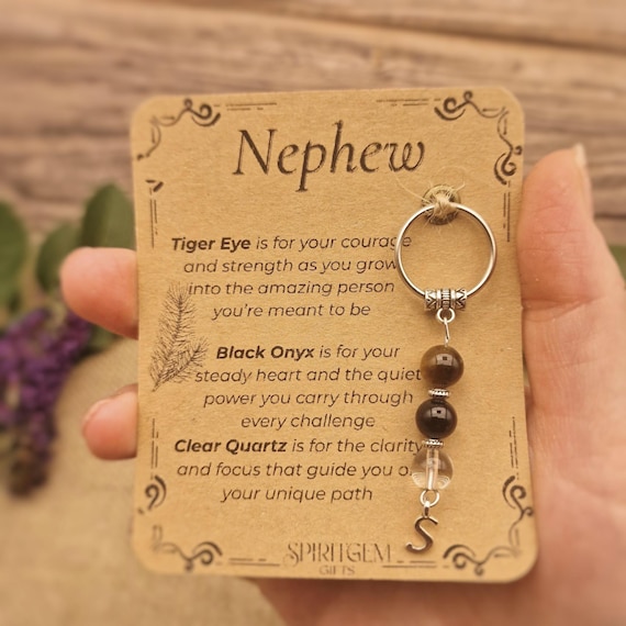 PERSONALISED NEPHEW keyring. Gift for Nephew from Aunt or Uncle, Crystal Keyring with Meaning, Birthday Keepsake for Teen Boy