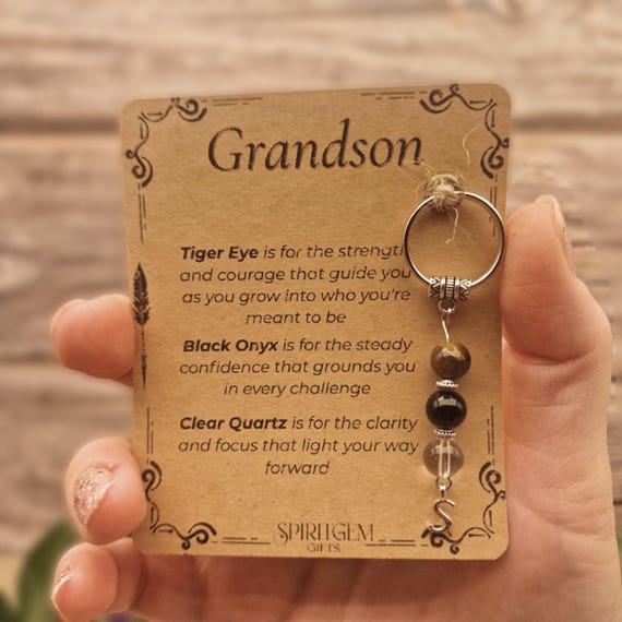 PERSONALISED GRANDSON keyring. Gift from Grandma or Grandad, Meaningful Keepsake for Boy, Birthday Crystal Keyring, Gift for Teen