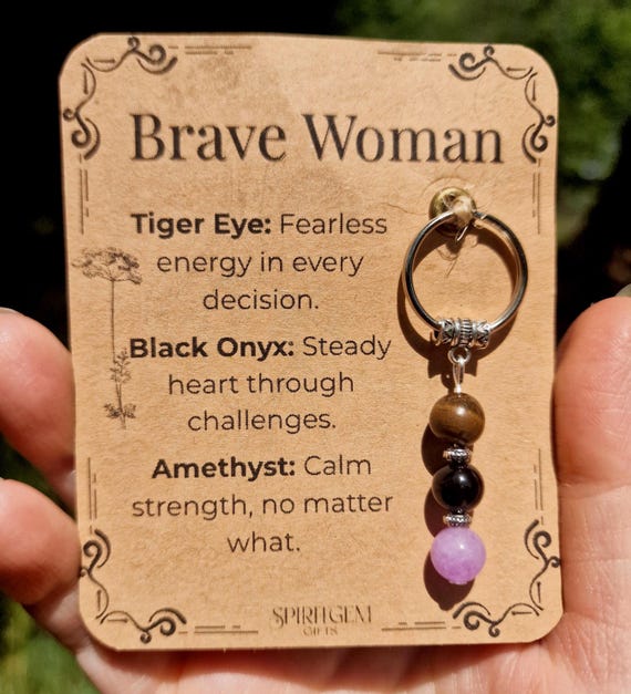 Personalized Brave Woman Gemstone Keyring: Tiger Eye, Onyx, Amethyst