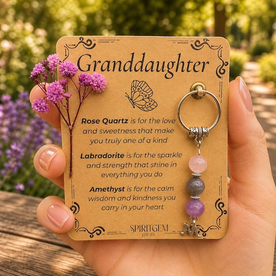 PERSONALISED GRANDDAUGHTER keyring. Gift from Grandma or Grandad, Crystal Keyring with Meaning, Birthday Keepsake for Granddaughter