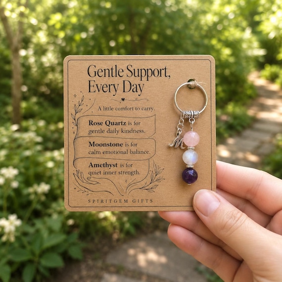 PERSONALISED COMFORT Crystal Keyring, Thinking of You Gift with Illustrated Keepsake Card