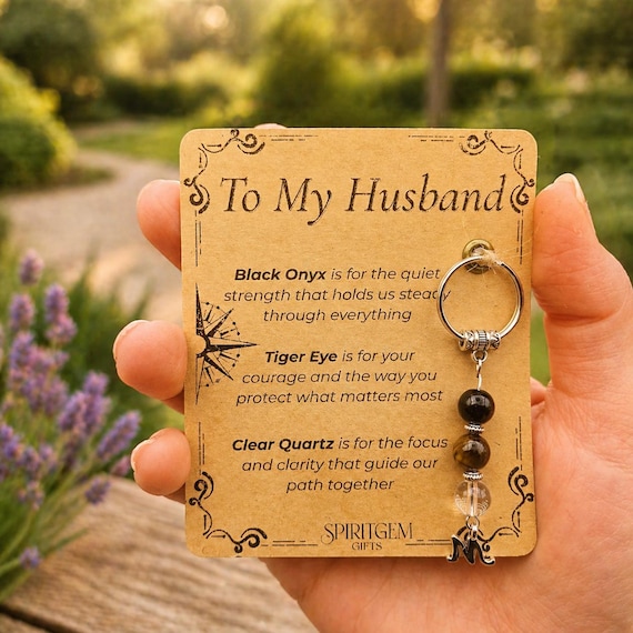 PERSONALISED HUSBAND keyring. Gift for Husband from Wife, Crystal Keyring with Meaning, Anniversary or Birthday Keepsake for Him