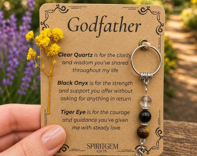 Personalised Godfather Gift Clear Quartz, Black Onyx, Tiger Eye Charm