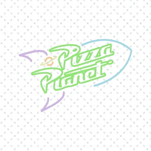 May include: Neon green "Pizza Planet" logo with a rocket ship design. The logo features a stylized font and is outlined in green, blue, and purple. The background is a repeating pattern of small, light gray crosses.