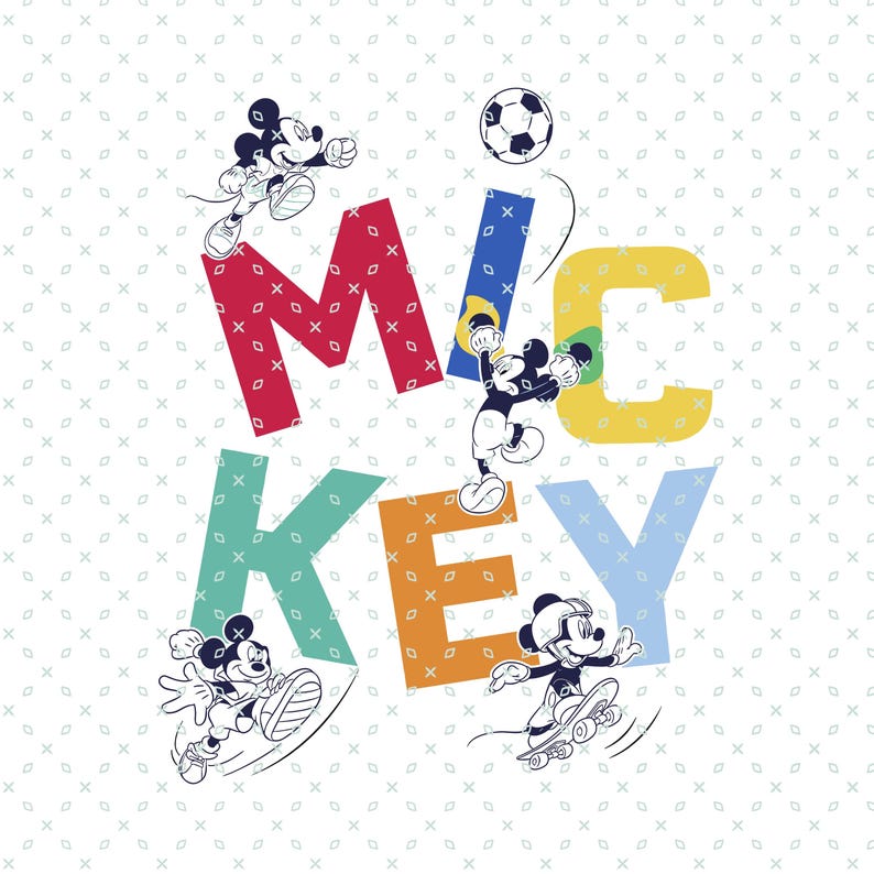 May include: A colourful graphic design with the word "MICKEY" in block letters. Mickey Mouse characters are shown in action poses, such as playing football and skateboarding, set against a white background with a subtle pattern.