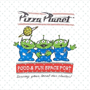 May include: A retro-style illustration of Pizza Planet, a restaurant from the Toy Story franchise. The logo features the words "Pizza Planet" in red and white text. Three green aliens with three eyes each are standing in front of the logo. The aliens are wearing blue spacesuits and have a pizza planet logo on their chest. The text "FOOD & FUN SPACE PORT" is below the aliens, and the text "Serving your local star cluster!" is below that.