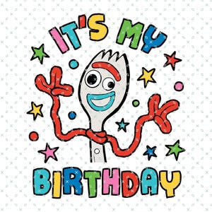 May include: A colorful graphic featuring a cartoon fork character with the text "IT'S MY BIRTHDAY". The design includes stars and dots in various colors, set against a white background with a subtle pattern.
