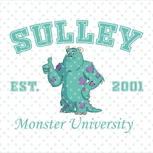 May include: A blue and purple monster character with a thumbs up, wearing a blue and white Monster University shirt with the text "SULLEY EST. 2001 Monster University".