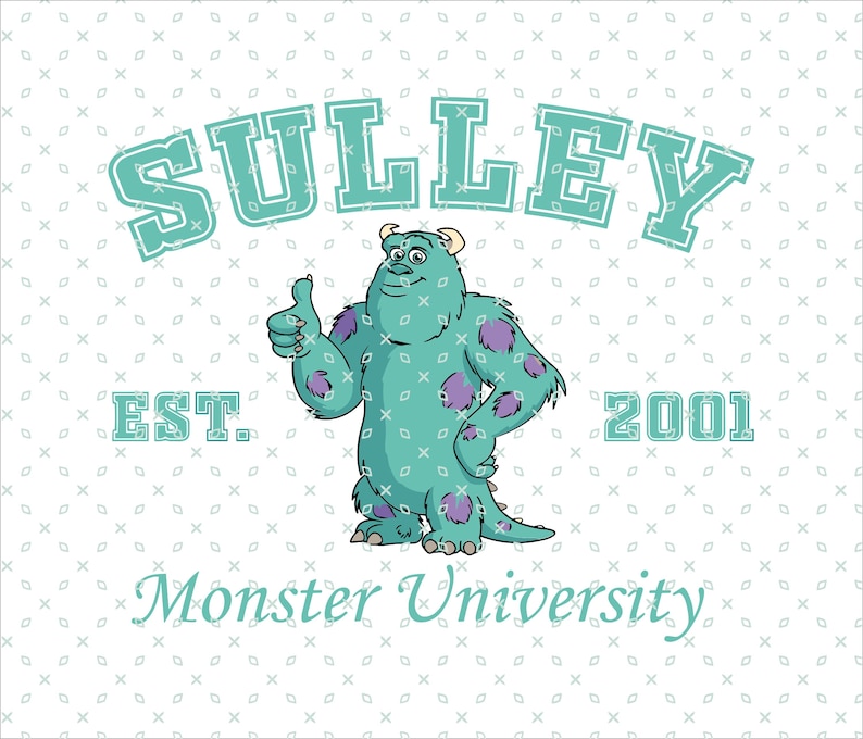 Op de afbeelding: Een blauw en paars monsterfiguur met een duim omhoog, draagt een blauw en wit Monster University-shirt met de tekst "SULLEY EST. 2001 Monster University".