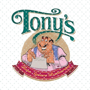 以下が含まれることがあります： メニューを持つ漫画のシェフが特徴のレストランのロゴ。ロゴには、シェフの上にターコイズスクリプトで「Tony's」というテキストと、下にバナーで「Town Square Restaurant」というテキストが含まれています。背景には繰り返しのパターンがあります。