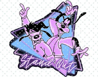 Op de afbeelding: Een grafische illustratie met twee stripfiguren in een dynamische pose, tegen een lichtblauwe en paarse geometrische achtergrond. De tekst "Stand Out" is geschreven in een gestileerd lettertype. De karakters zijn afgebeeld in roze en paarse tinten.