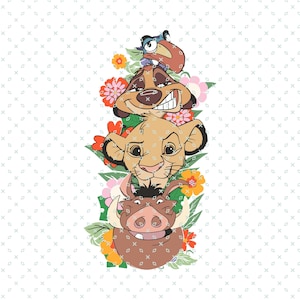 May include: A vertical illustration featuring characters from The Lion King. The characters, including Simba, Timon, Pumbaa, and Zazu, are stacked with colorful flowers and foliage. The background is white with a subtle pattern.