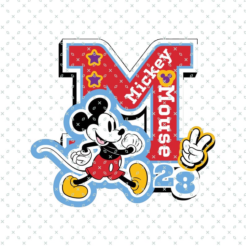 Puede incluir: Un gr&aacute;fico colorido con Mickey Mouse. El dise&ntilde;o incluye una gran letra "M" roja con las palabras "Mickey Mouse" en blanco. Mickey Mouse se representa con su atuendo cl&aacute;sico, con el n&uacute;mero "28" y un signo de la paz.