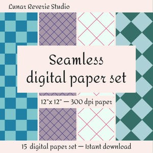May include: A digital paper set featuring 15 seamless patterns. The patterns include a blue and teal chequered pattern, a purple and white diagonal line pattern, a white and pink diagonal line pattern, and a green and blue diamond pattern. The patterns are 12 inches by 12 inches and 300 dpi.