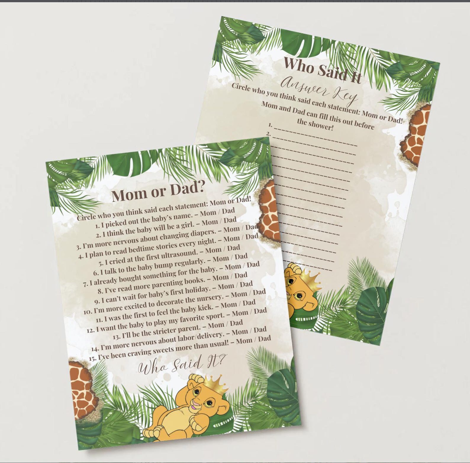 Safari Baby Shower Game Bundle - A Little King is on the Way - Jungle