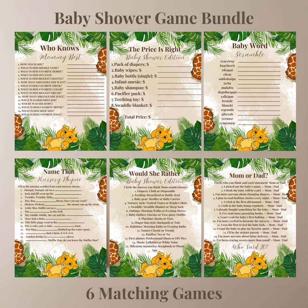 Safari Baby Shower Game Bundle - A Little King is on the Way - Jungle