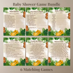 Könnte beinhalten: Sechs druckbare Babyparty-Spielkarten mit Dschungel-Thema und einem Löwen-Charakter. Die Spiele beinhalten "Wer kennt Mama am besten", "Der Preis ist richtig", "Baby-Wortsalat", "Nenne dieses Kinderlied", "Lieber das als das" und "Mama oder Papa".