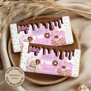 May include: Two Hershey's chocolate bar wrappers with a pink background and a chocolate drizzle design. The wrappers feature ice cream cones, donuts, and the text "Kali is Two Sweet". The design includes colorful sprinkles and the words "Instant Download" and "Editable in Canva".