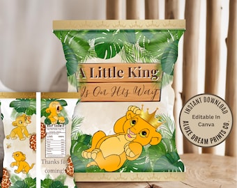Safari Chip Bag Template - A Little King Is On The Way - Jungle Baby Shower Favor - Printable Treat Bag Wrapper - Digital Download