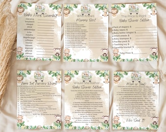 May include: Six printable baby shower game cards with a jungle theme. The cards feature a light brown background with green leaves and animal illustrations. The game titles include "Baby Word Scramble", "Who Knows Mommy Best", "The Price is Right Baby Shower Edition", "Name That Nursery Rhyme", "Would She Rather Baby Shower Edition", and "Mom or Dad? Who Said It?"