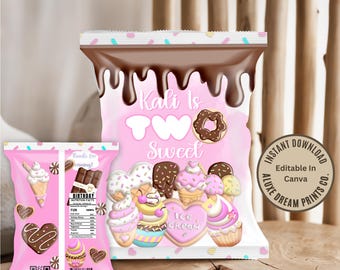 Two Sweet Donut Chip Bag Template: 2nd Birthday Favor (Digital Download)
