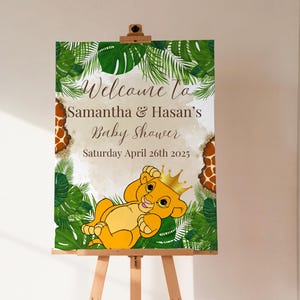 Letrero de bienvenida editable para baby shower de safari: un pequeño rey está en camino, bebé león con corona, temática de jungla, letrero de bienvenida imprimible.