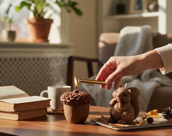 Juego de velas de cera de soja hechas a mano con forma de ardilla y bellota: Decoración otoñal de bosque