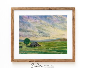 Aquarel hutprint: rustieke boerderijlandschapskunst