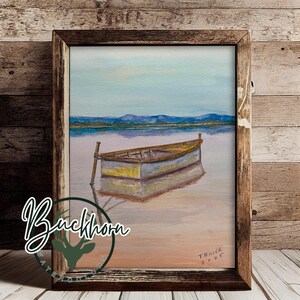 boat painting, sunset lake art, peaceful nature print, nautical wall decor, boat on water artwork, handmade watercolor, rustic lake print