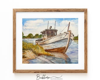 Dipinto ad acquerello di barche / Arte costiera / Decorazione da pesca vintage per case sul lago/sulla spiaggia, diportisti, pescatori