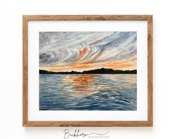 Textured Watercolor Sunset Poster: Mountain Landscape Art Print