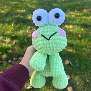 May include: A handmade, light green crochet frog plushie with large white eyes and pink cheek accents. The frog has a stitched black mouth and is made of soft, textured yarn. The plush toy is a whimsical, handcrafted item.