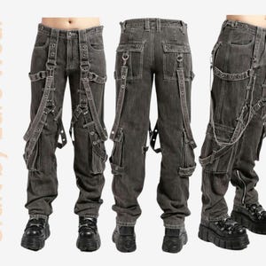 Handmade Cyber Goth Denim Cargo Pants: Unisex Techwear Streetwear