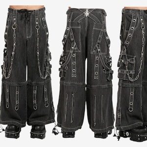 Handmade Gothic Black Denim Cargo Pants: Cyberpunk Techwear with Chains