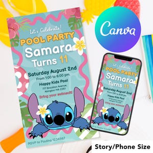 Stitch Pool Party Editable Birthday Invitation, Canva Template