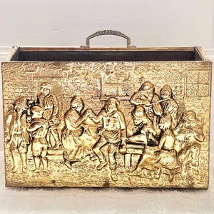 Vintage Wood and Brass Relief Repousse Magazine Book Holder, English Tavern Brass Relief Newspaper Rack
