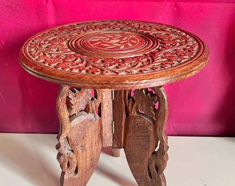 Vintage Hand-Carved Indian Folding Table | Solid Wood Floral Inlay Table | Boho Plant Stand or Side Table