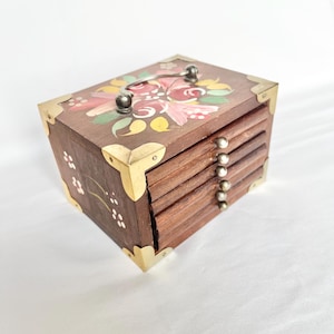 Vintage Floral Cork Coaster Set with Brass Corner Holder