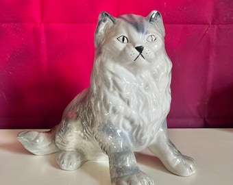 Vintage Ceramic Cat Figurine – Large Grey & White Longhair, 25cm, Mid-Century Home Décor