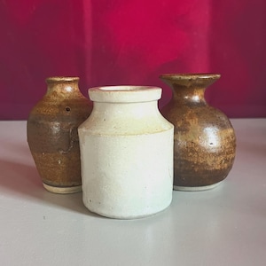 Vintage Studio Pottery Bud Vases Set • Rustic Brown Stoneware & White Pot