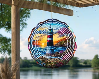 Lighthouse Wind Spinner | Coastal Garden Art, Nautical Decor