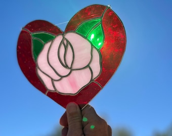 Red Rose Heart Stained Glass | Handmade Floral Heart Suncatcher | Valentine Gift | Romantic Window Décor | Anniversary Glass Art