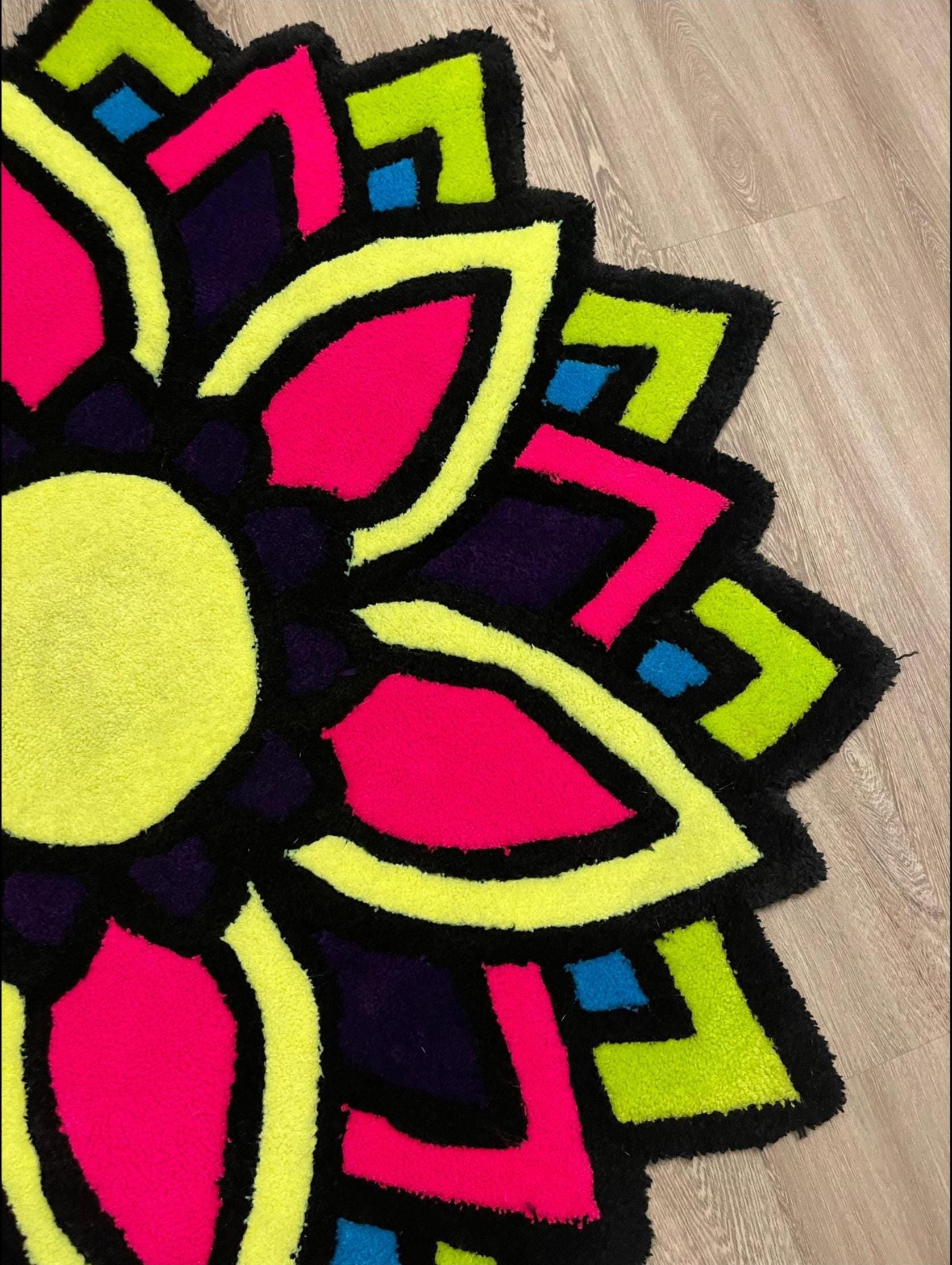 Stone Bloom Rug Neon Bloom Tufted Rug – 45” Vibrant Handmade Flower Design - Etsy