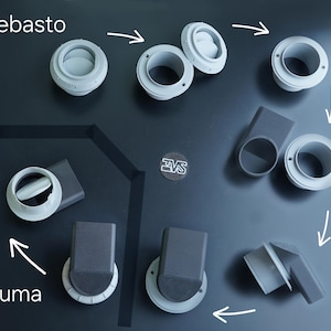 May include: An assortment of gray plastic automotive parts, including circular and rectangular components, arranged on a dark gray surface. The word "Webasto" is visible at the top left, and "Truma" is at the bottom left. Arrows indicate the flow or assembly sequence.