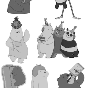 We Bare Bears Schwarz und Weiß SVG, Grizzly, Panda, Eisbär Line Art SVG, minimalistische Cartoon SVG für Cricut & Silhouette